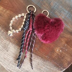 Fuzzy Deep Red Heart Gold Heart Hang Purse Bag Charms Ropes Key Chain